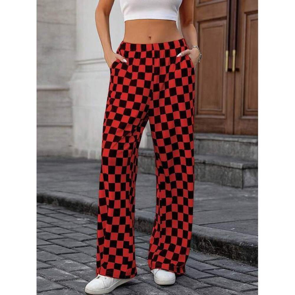 INAWLY Women's Fashion Casual Houndstooth Slant Pocket Straight Leg Pants